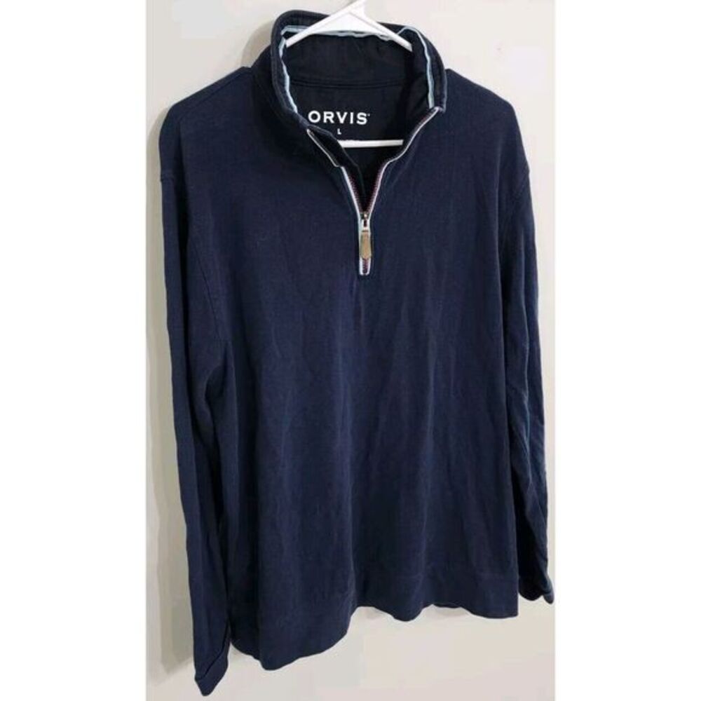 Orvis Size L Large Sweater Blue‎ 1/4 Zip Up Zipper Embroidered Logo